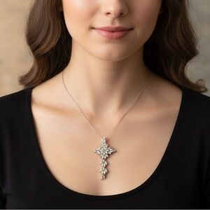 Vintage Silver And Rhinestone Cross Necklace Pendent